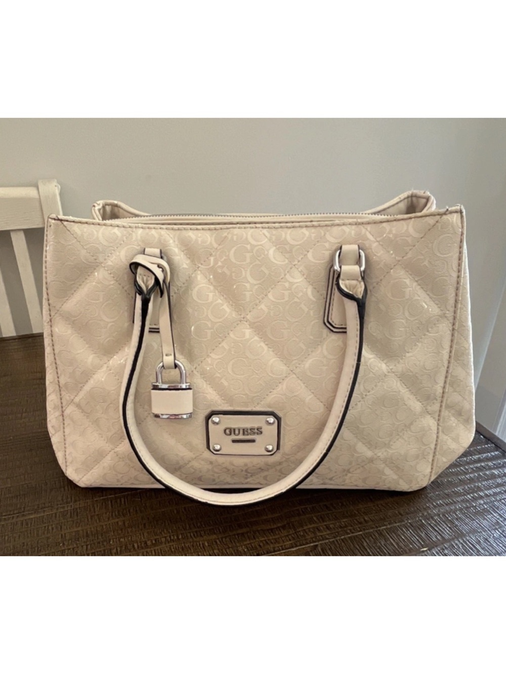 GUESS Cream Quilted Satchel with Padlock Accent